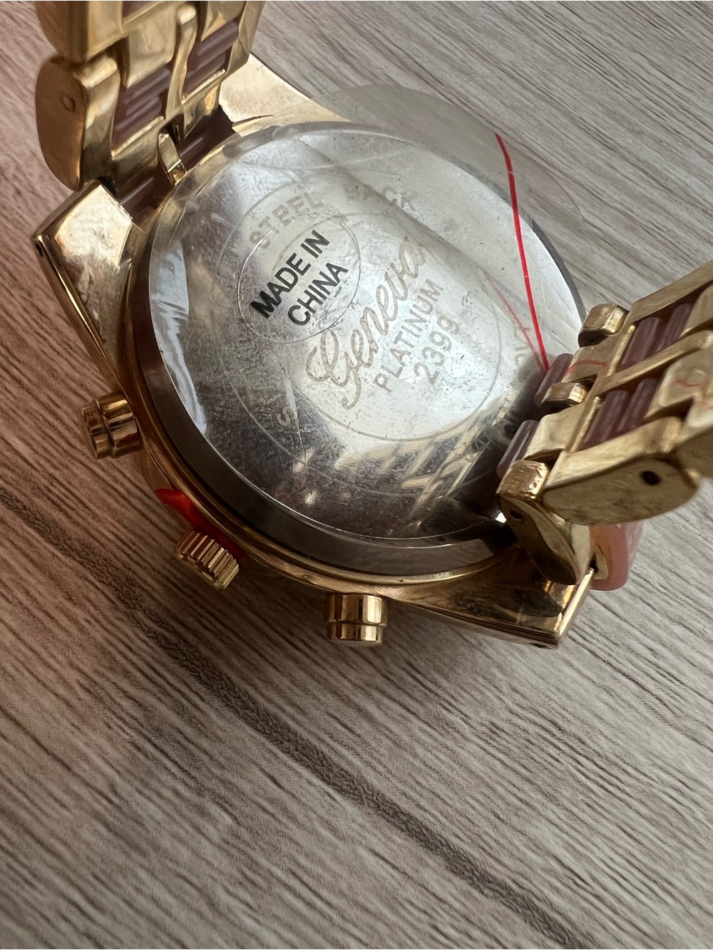 Geneva Gold Tone Watch with Pink Dial and Bracelet Inlays - Picture 4 of 4